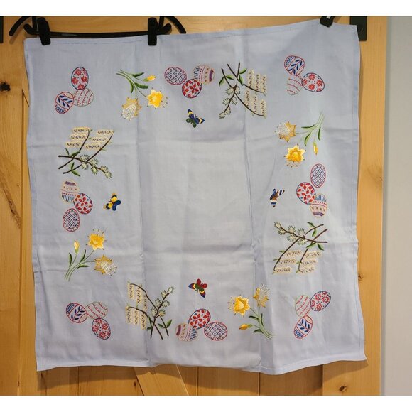 Linen 33x34" Tablecloth Handmade Ukraine Eggs Butterfly Flowers Blue Colorful - Picture 1 of 13